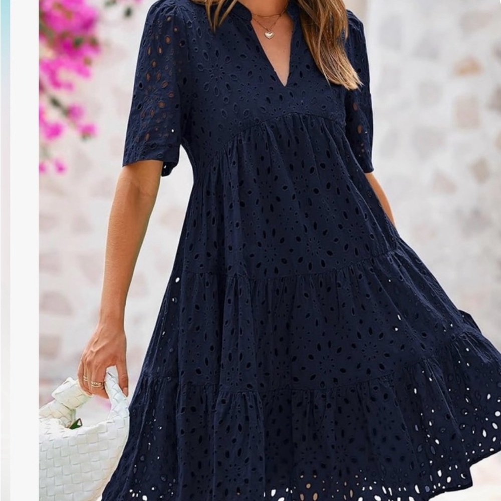 Elegant Navy Eyelet Mini Dress